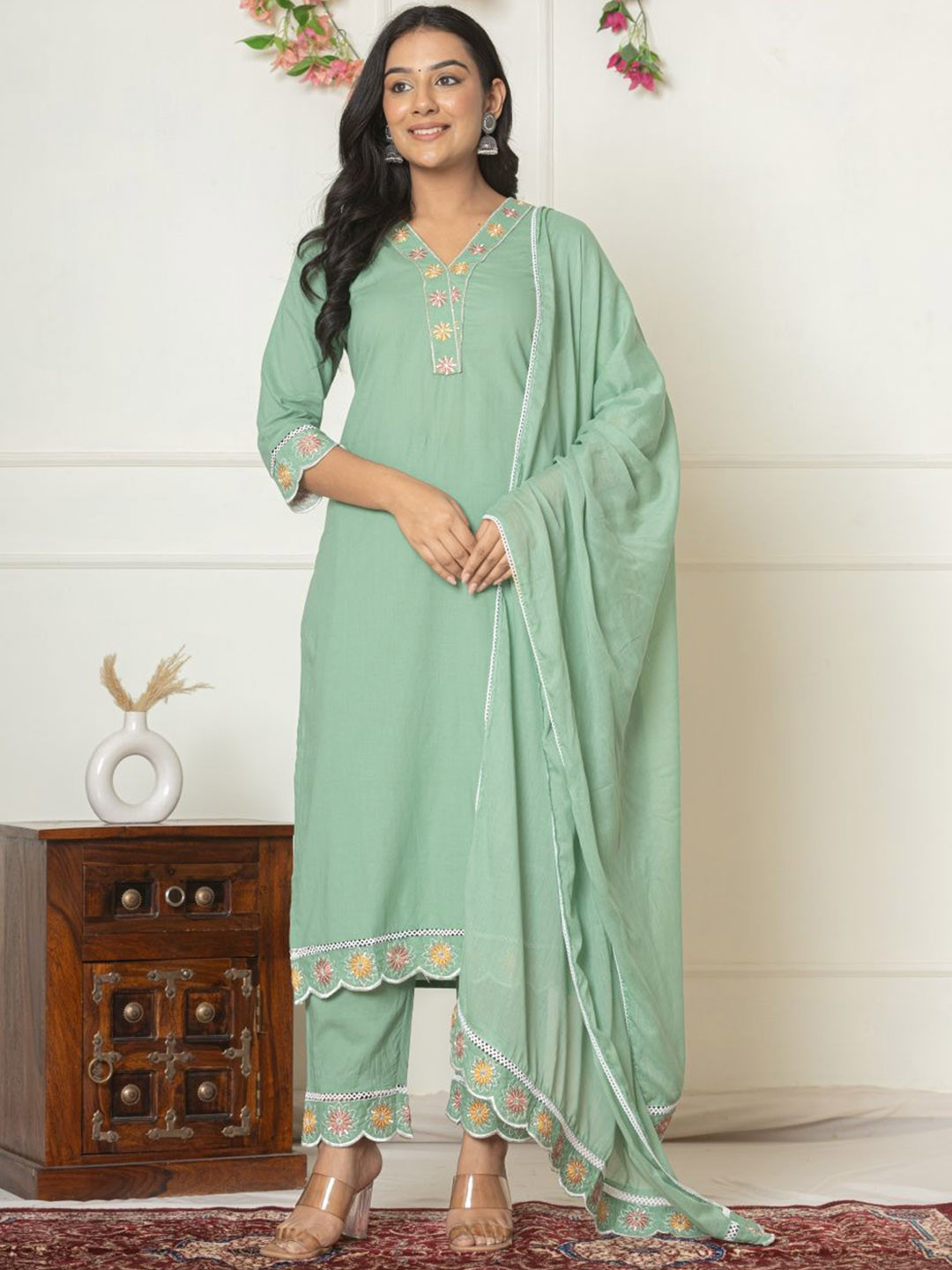 PINK FACTORY Women Floral Embroidered Cotton Kurta with Trousers & Dupatta