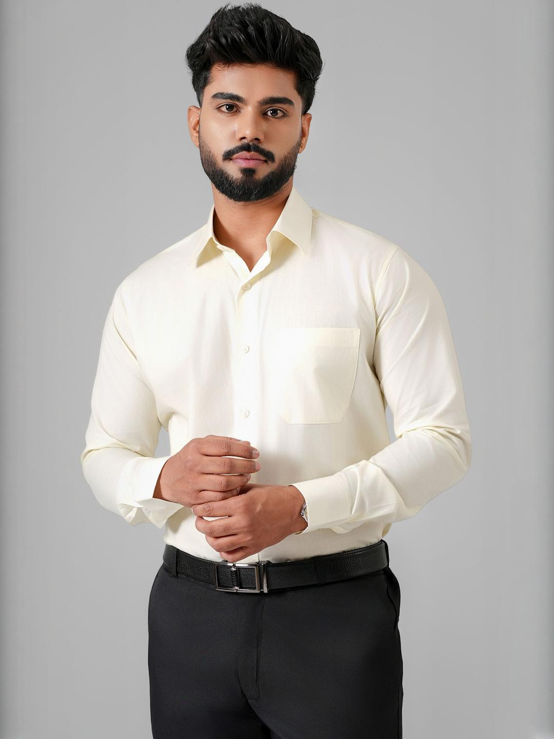 Haute Tissue Plain Giza Yellow Formal Shirt