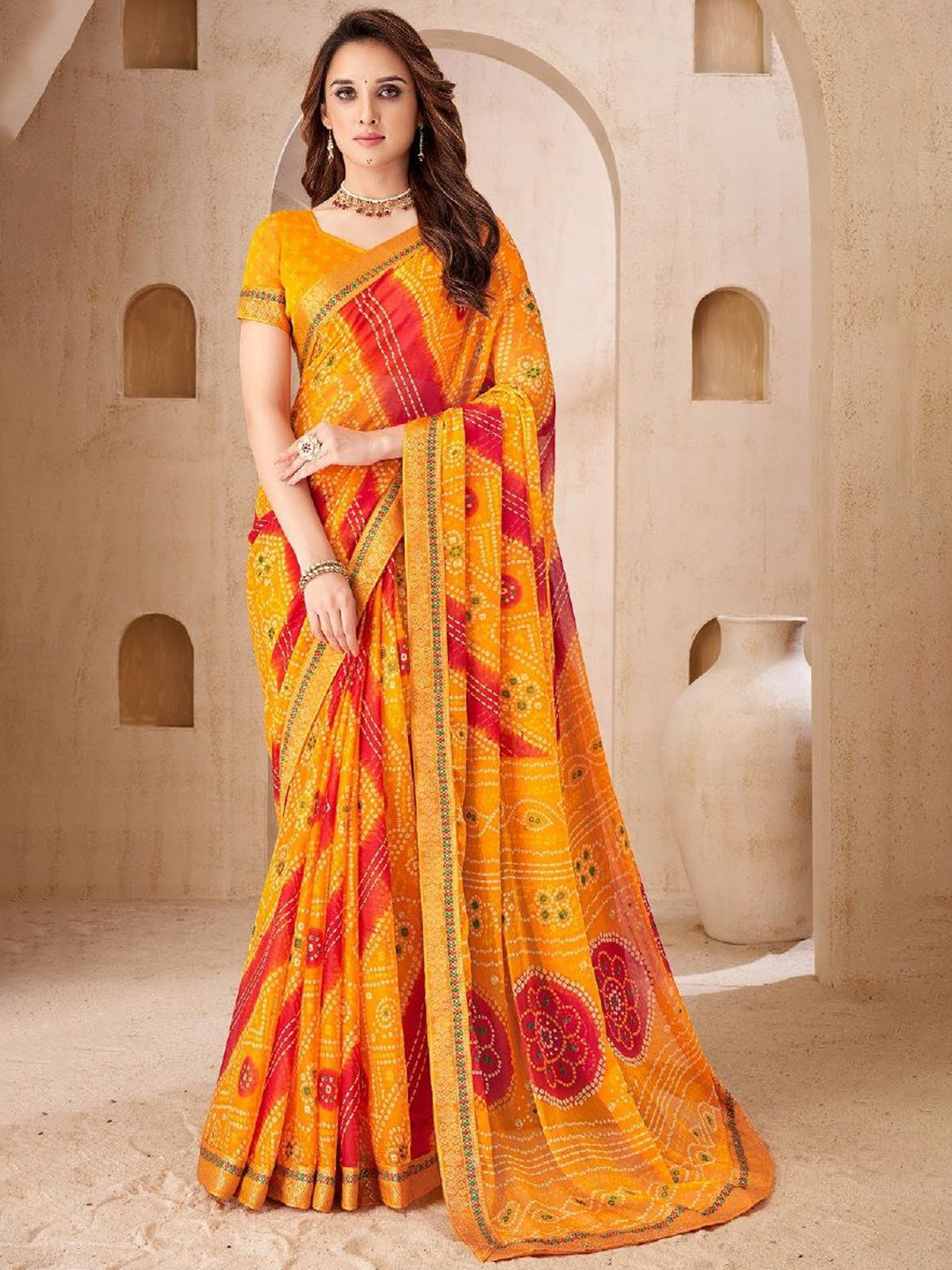 Reboot Fashions Printed Embroidered Pure Chiffon Bandhani Saree