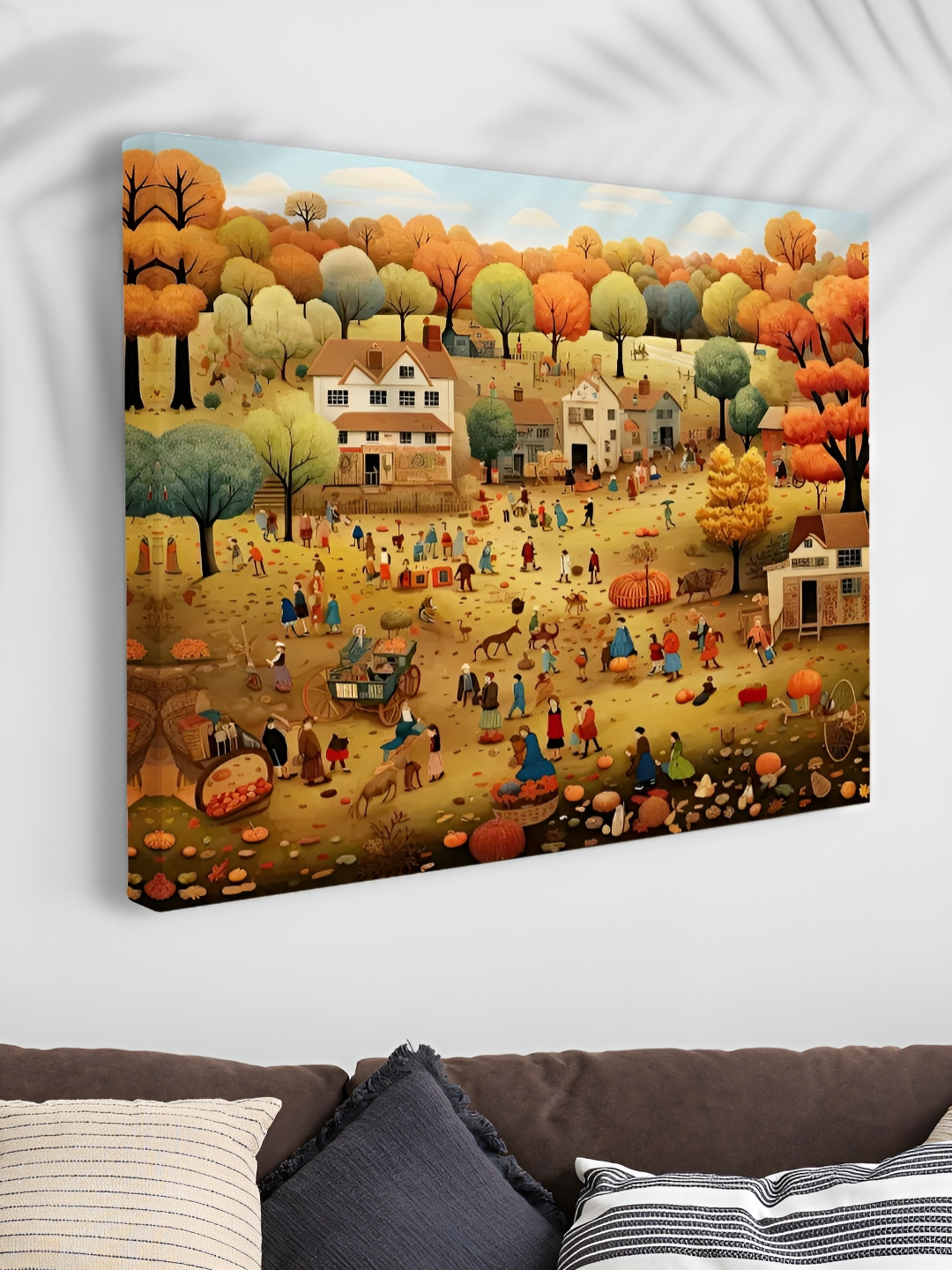 SAF Orange Colored & Beige Autumn Harvest Village Printed Canvas Wall Art