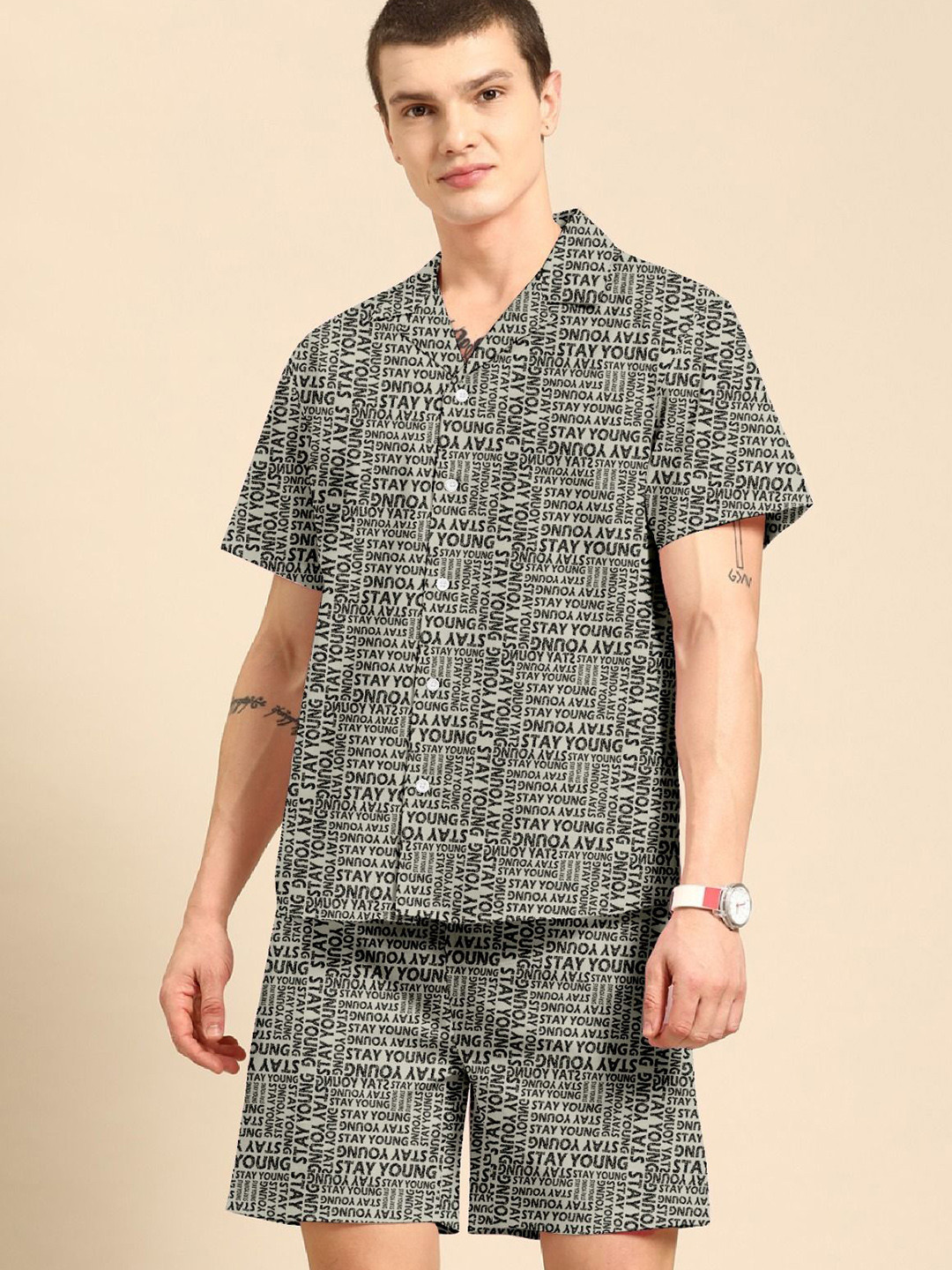 Snowdrip Typographic Printed Mandarin Collared Shirt With Shorts Co-Ords