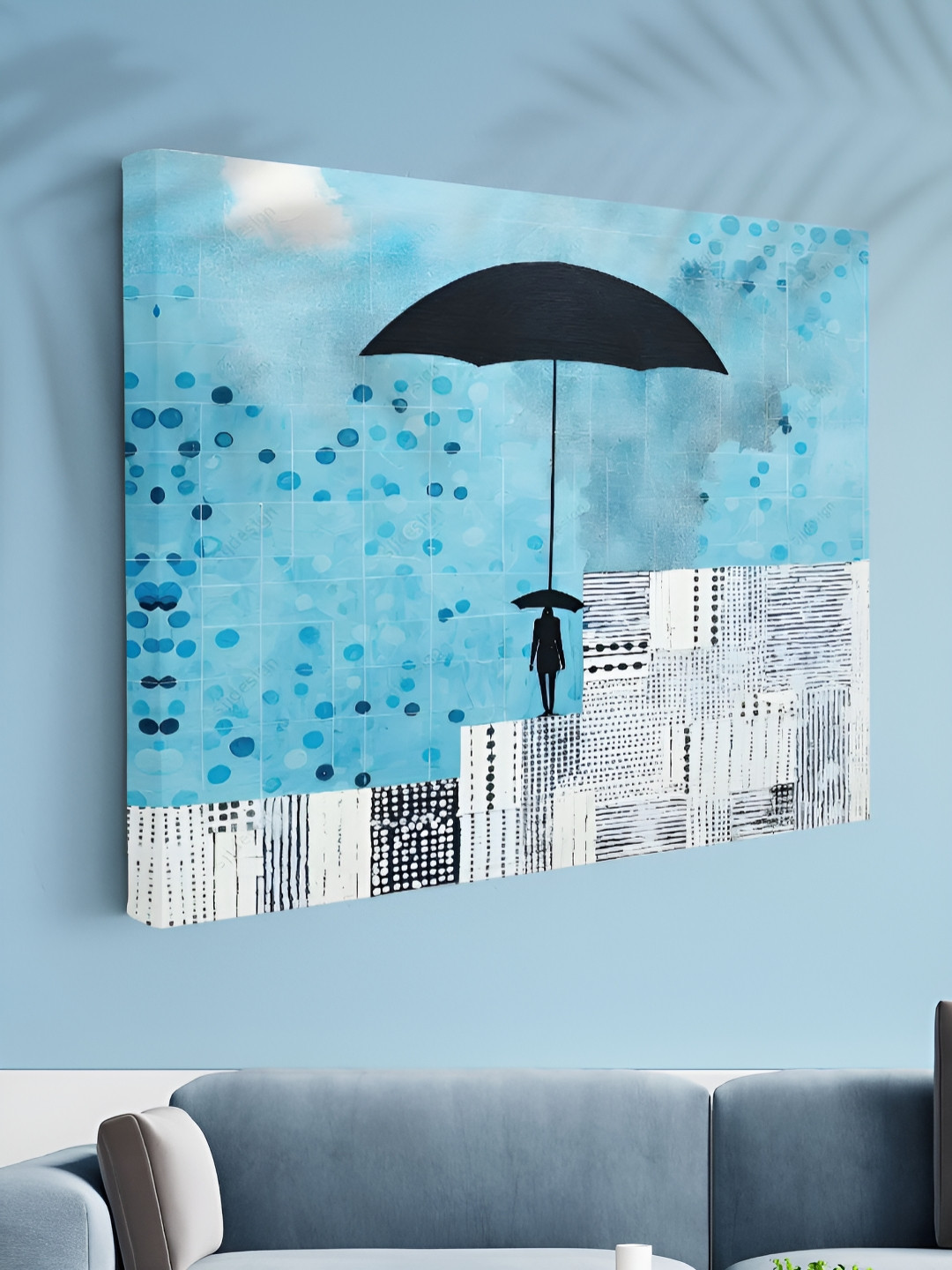 SAF Turquoise Blue & Black Canvas Abstract Umbrella Wall Art
