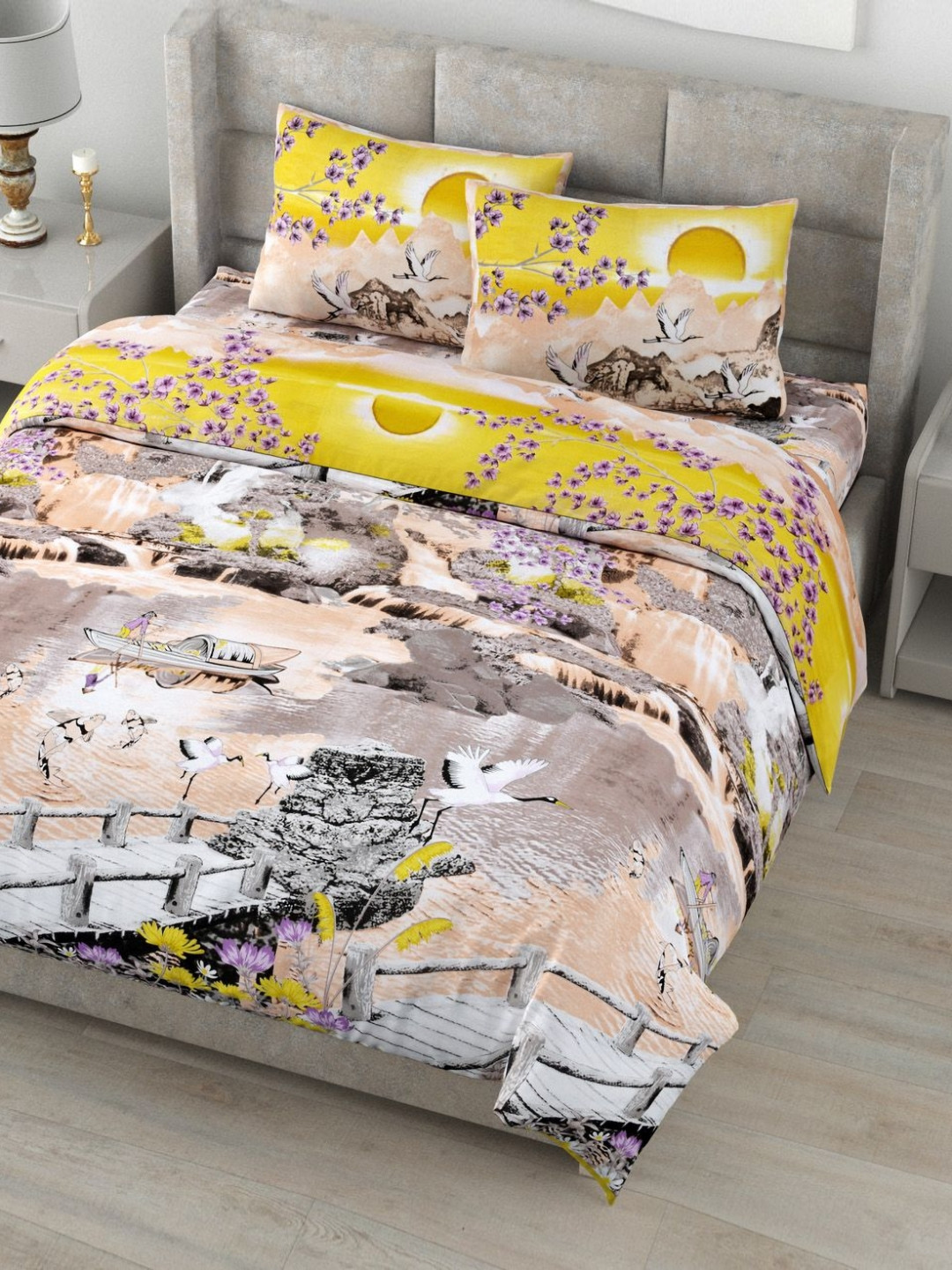 Myntra Elegant Homes Digital Yellow Floral Pure Cotton 180 TC King Fine Bedsheet with 2 Pillow Covers-106 x 106 inches