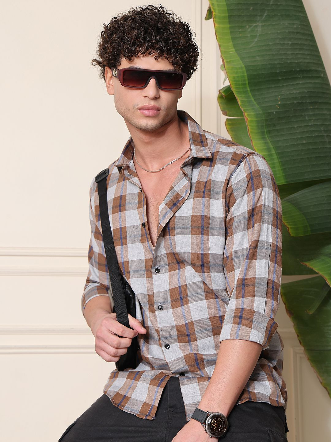 Metronaut Men's Checked Spread Collar Cotton Shirt - Image 1