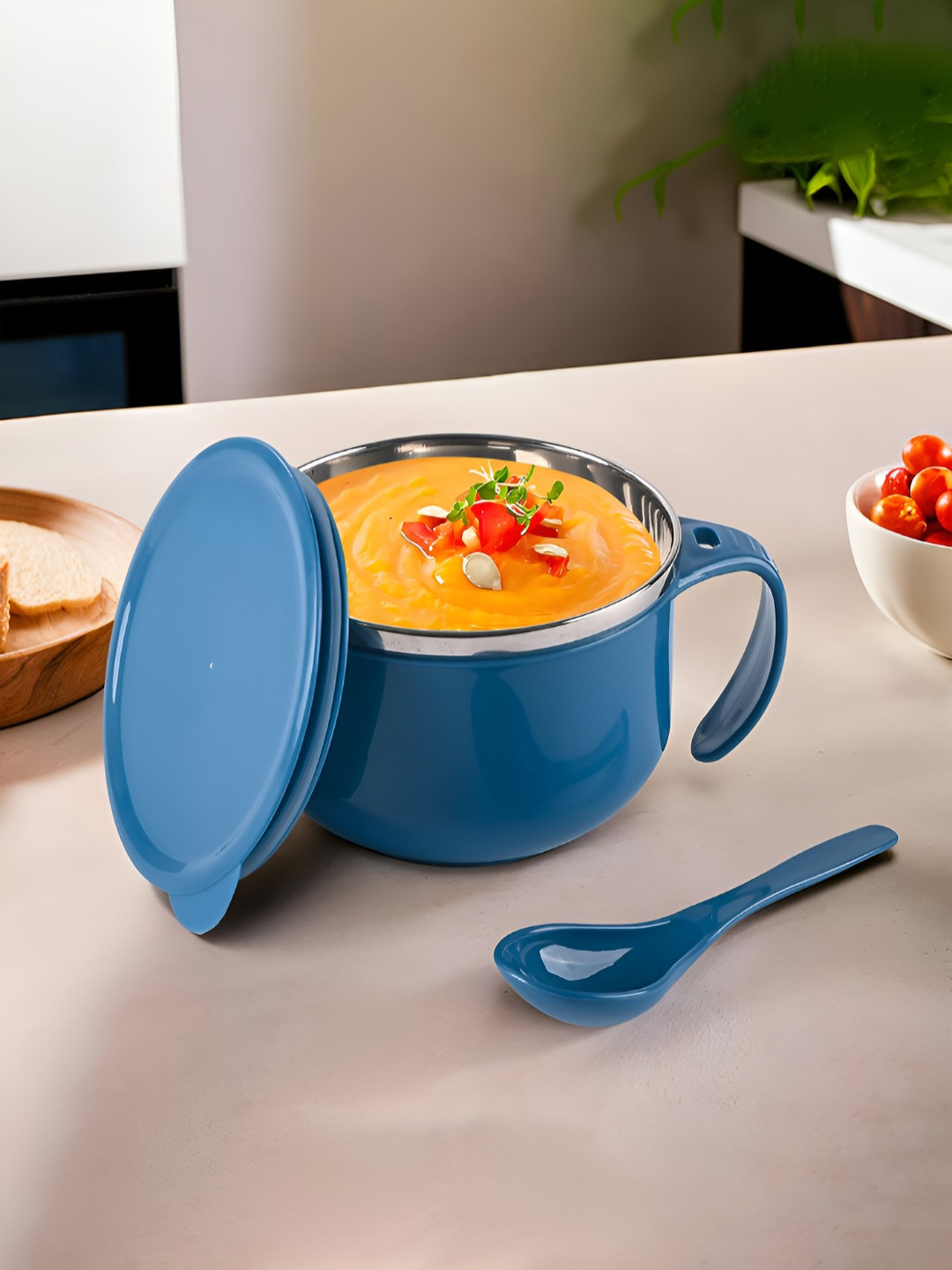 Aura Navy Blue Stainless Steel Serving Bowl With Spoon & Holder 600ml Each