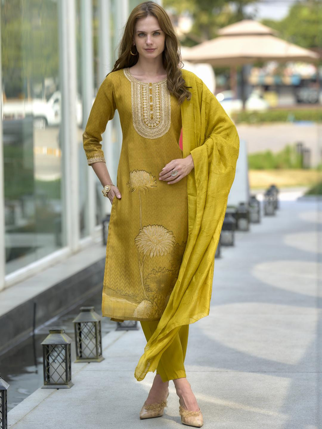 Mustard Yellow Floral Embroidered Kurta Set with Viscose Dupatta