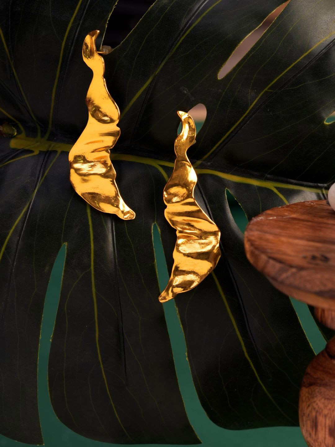 Basraa Gold-Plated Contemporary Gilded Flame Drop Earrings