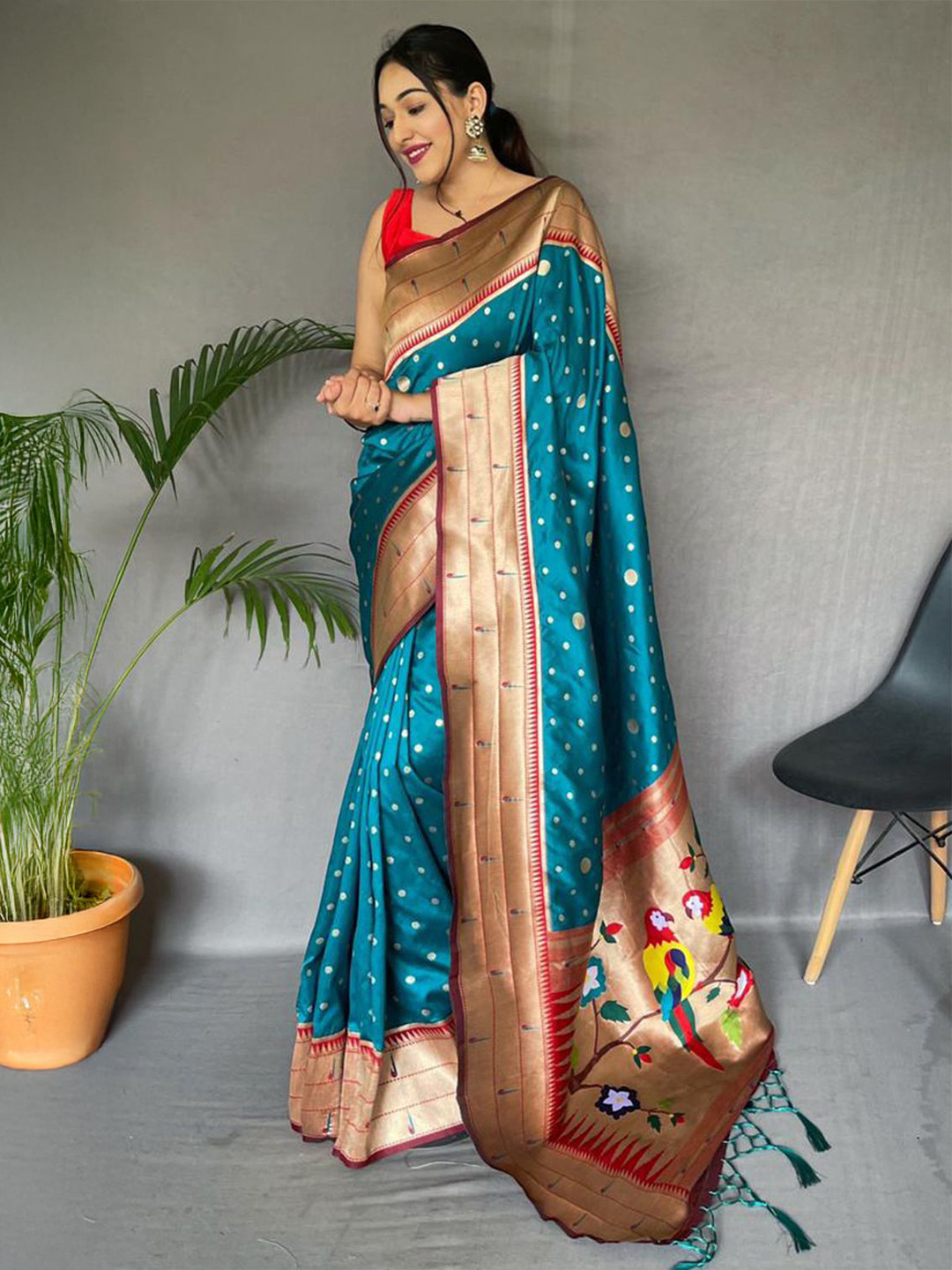 DEVATITHI Deep Blue Polka Dot Woven Design Zari Paithani Saree