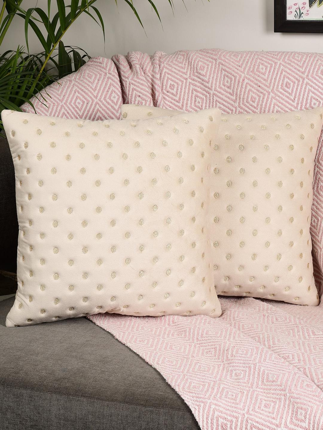 MONKDECOR Dot Embroidered Cream Quirky Velvet Durable 2 Pcs Square Cushion Covers -16x16In
