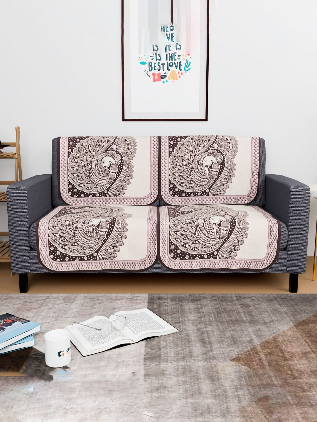 Aura Purple & White 4 Pieces Cotton 2 Seater Sofa Cover Washable Sofa Protector Slipcover