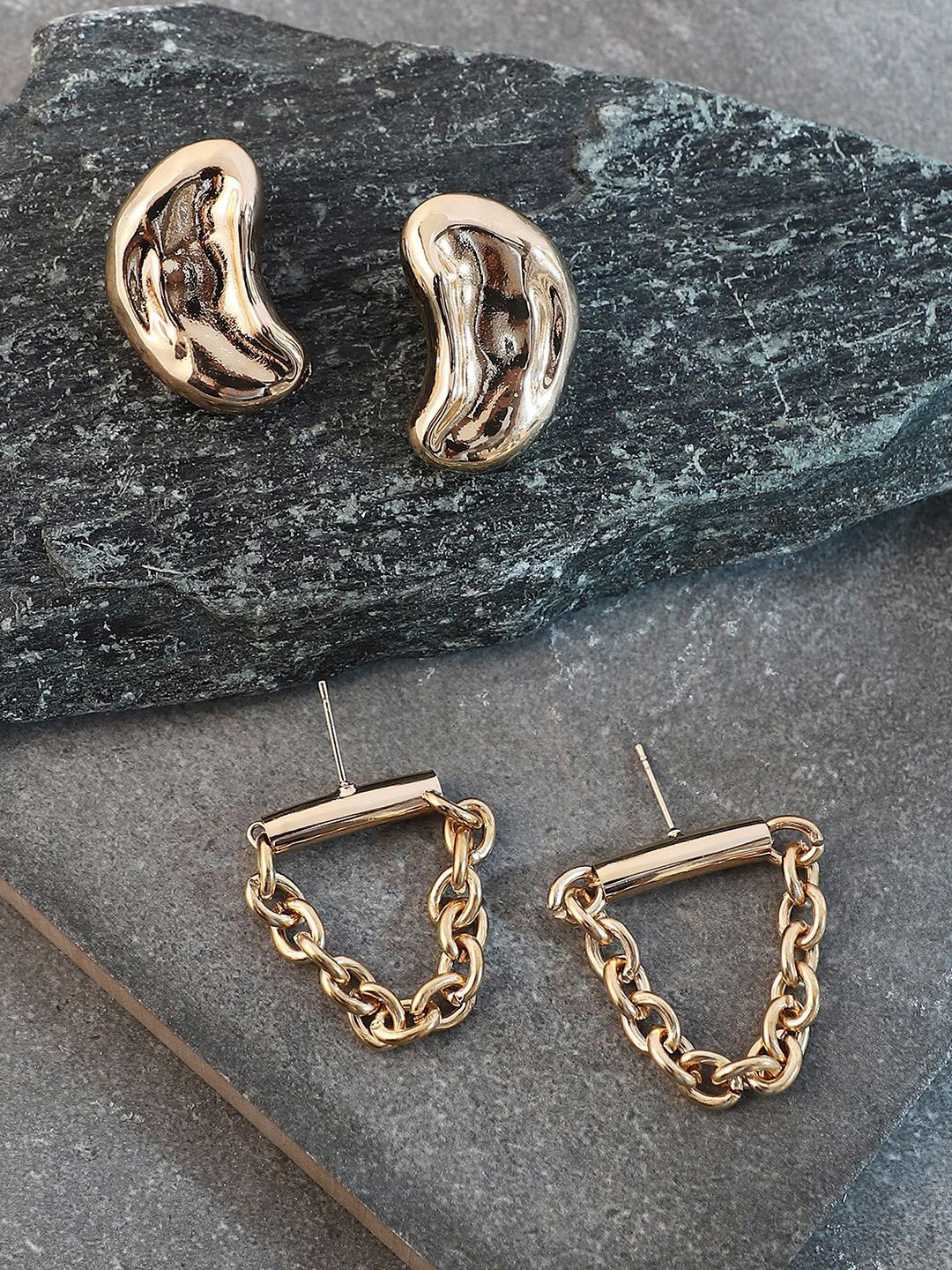 SOHI Set Of 2 Gold-Plated Dented Chain Studs Earrings