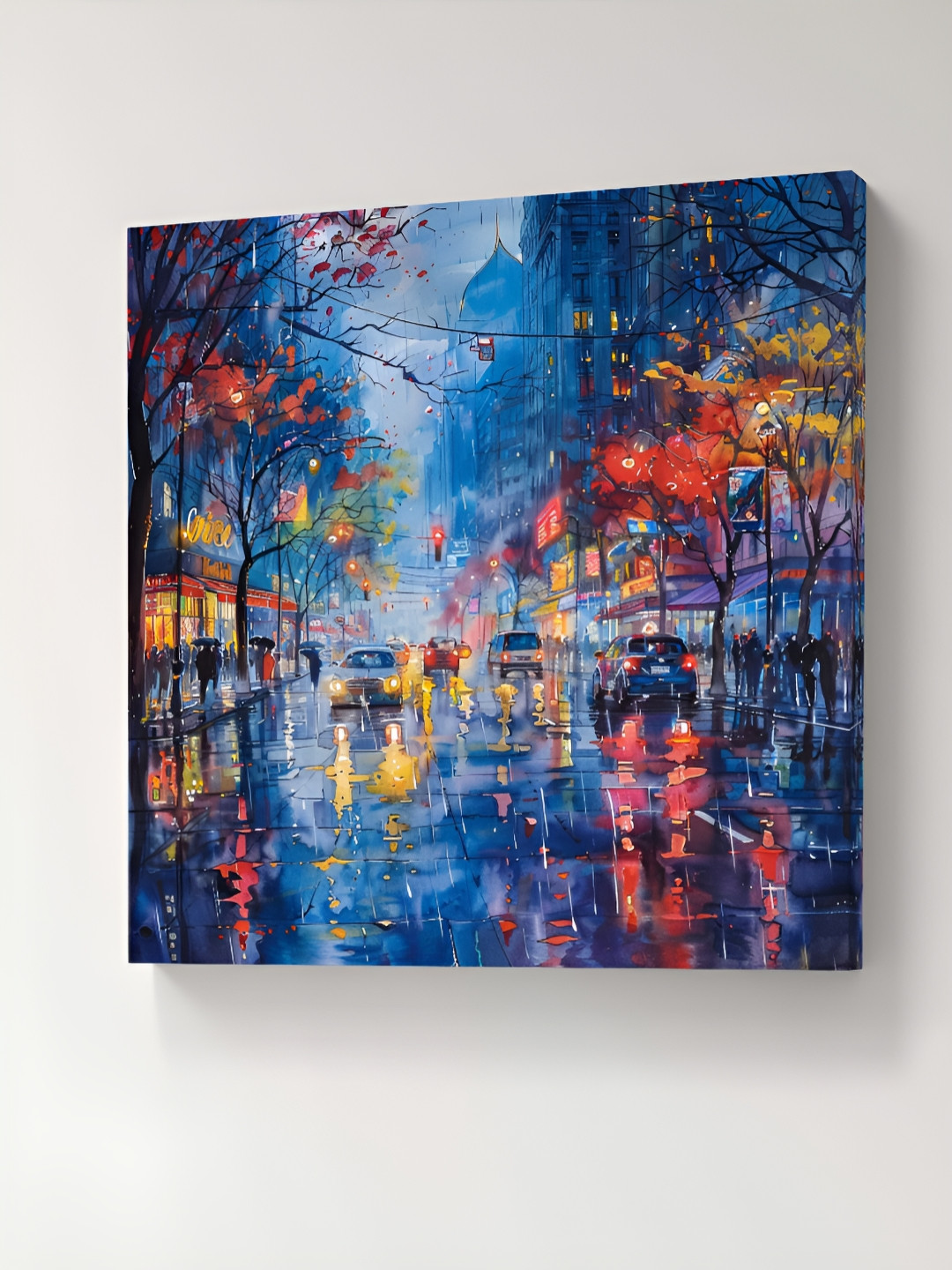 SAF Blue & Red Rainy Night Cityscape Canvas Painting Wall Art