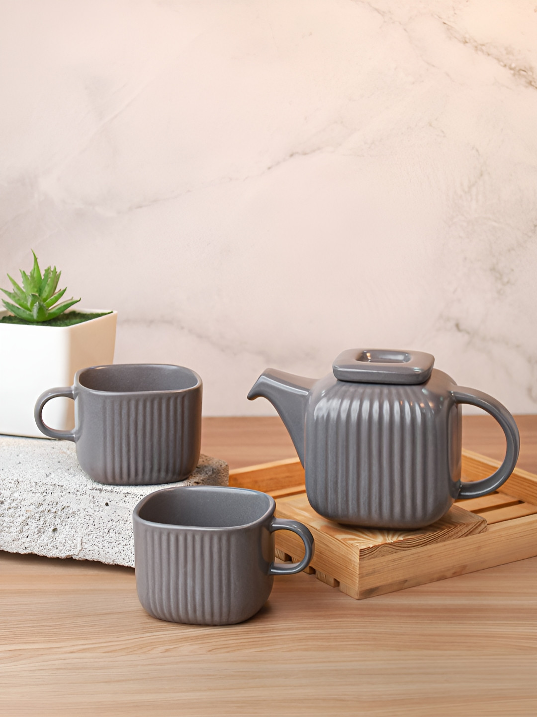 Vola Global LLP Grey Textured Porcelain Microwave Safe 3 Piece Mugs-200ml