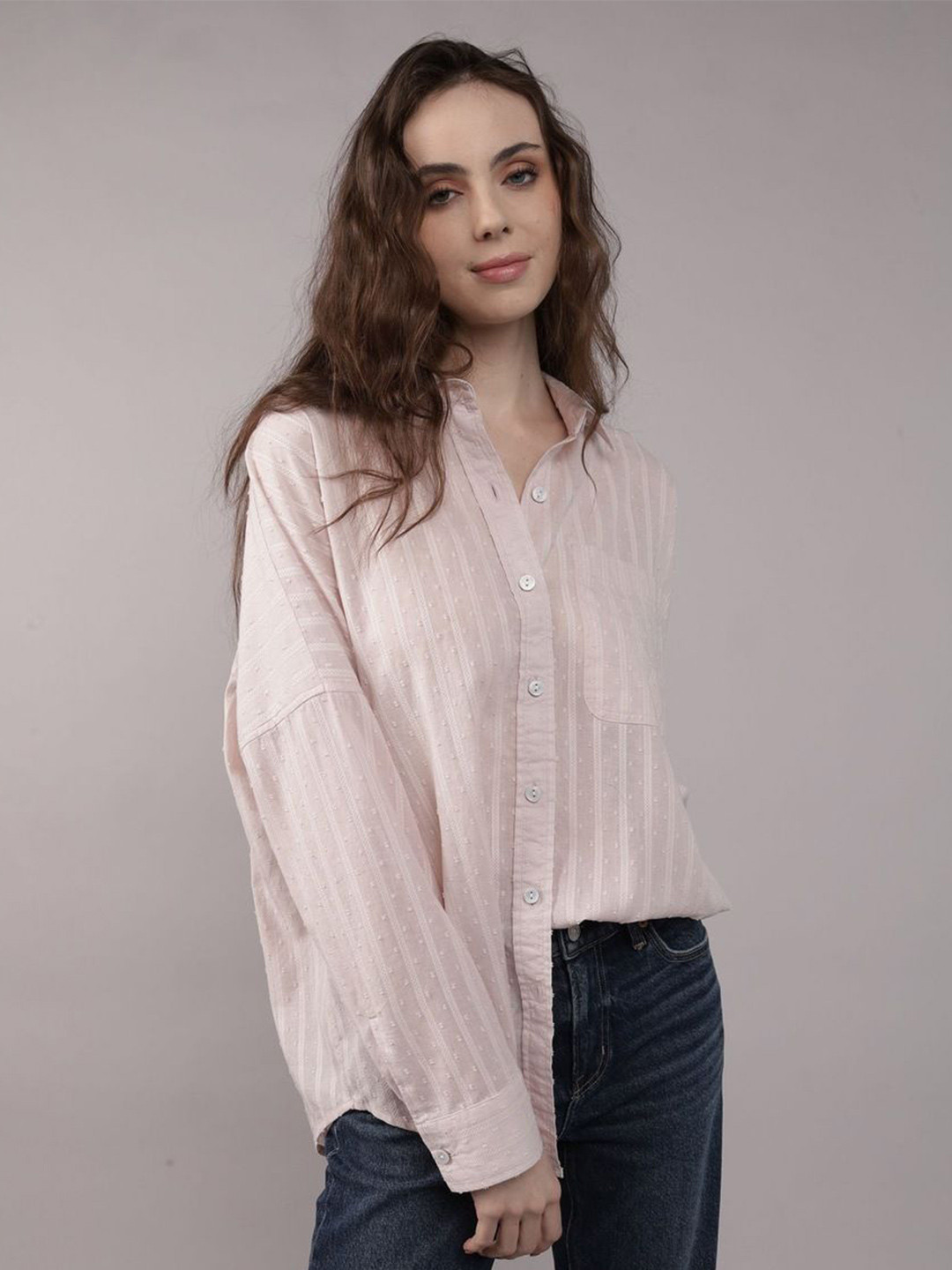 AMERICAN EAGLE OUTFITTERS Women Vertical Stripes Cuffed Sleeves Shirt Style Top