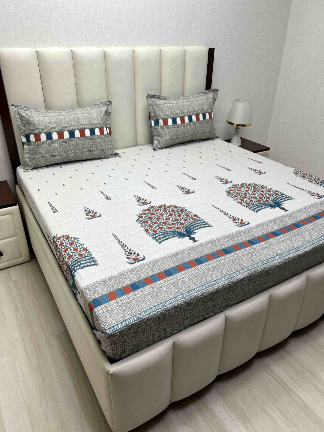 Pure Decor Lifestyle Grey Ethnic Motifs Pure Cotton 400 TC King Superfine Bedsheet with 2 Pillow Covers-108 x 108 inches
