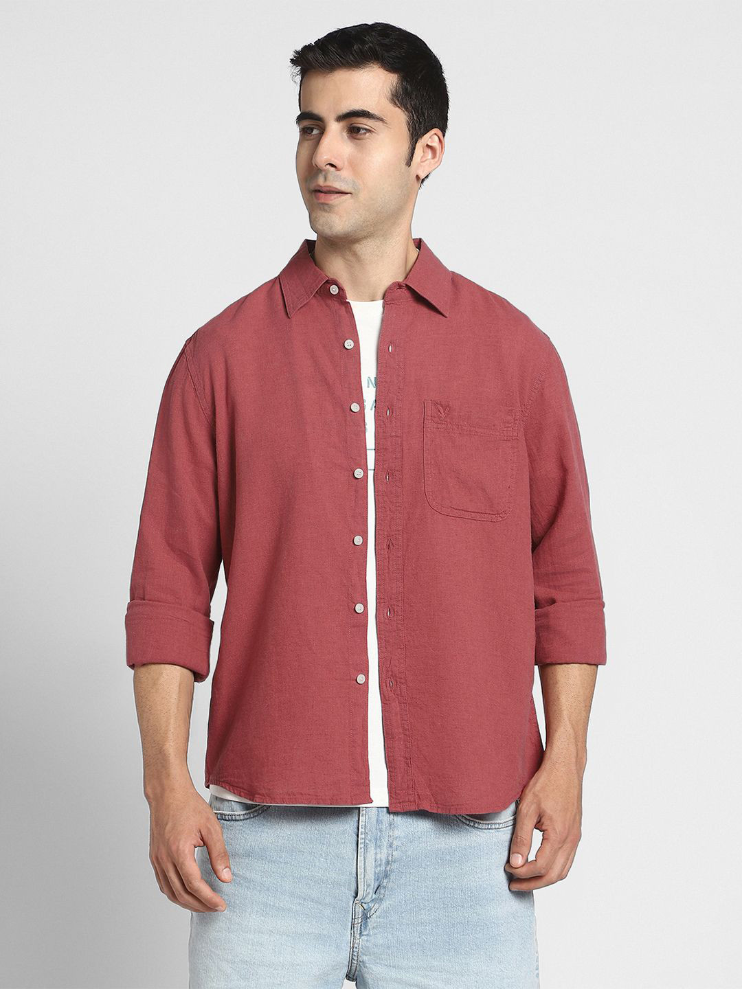 AMERICAN EAGLE OUTFITTERS Casual Spread Collar Cotton Linen Casual Shirt
