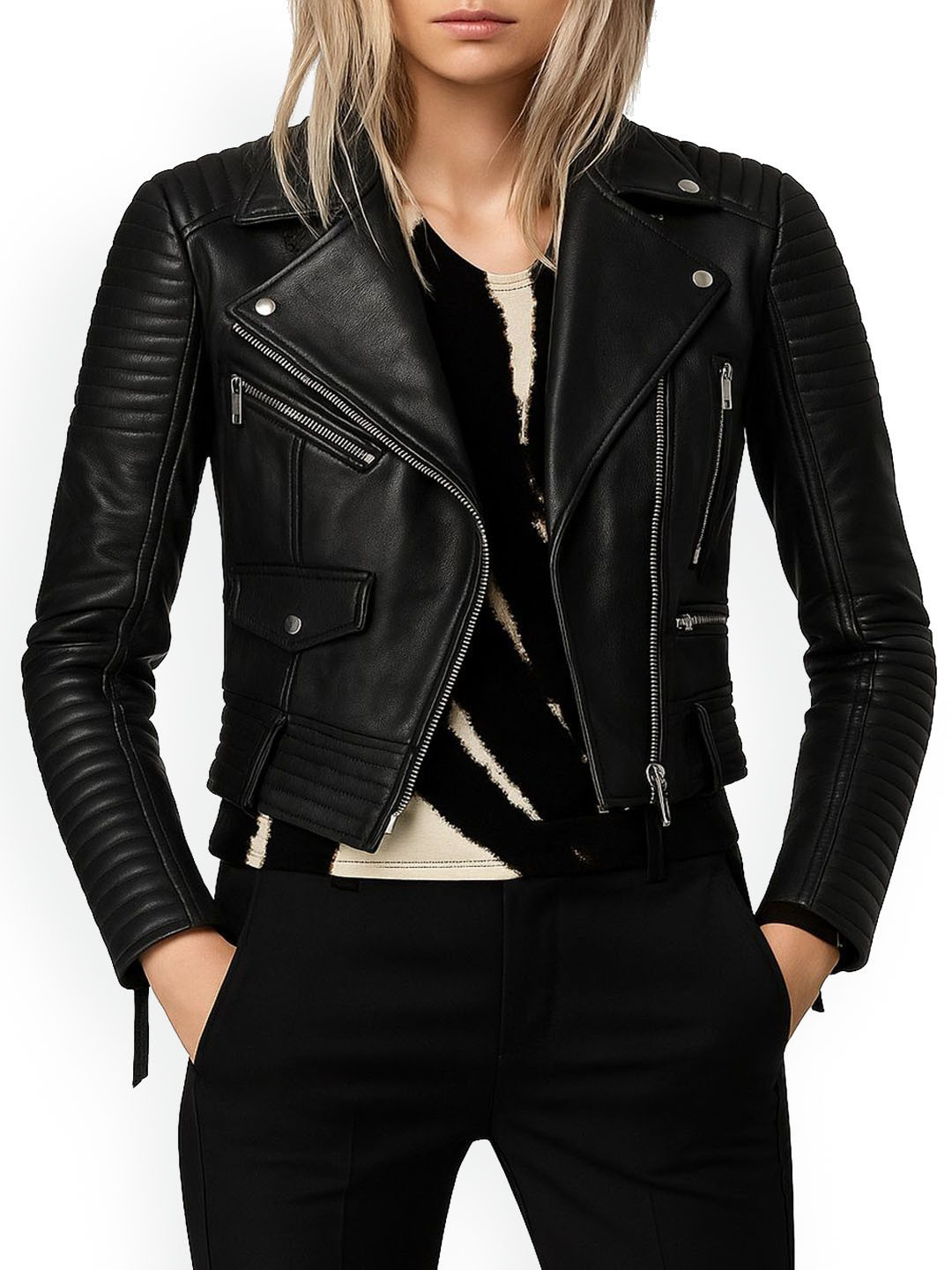 NOORA Lapel Collar Long Sleeves Leather Jacket