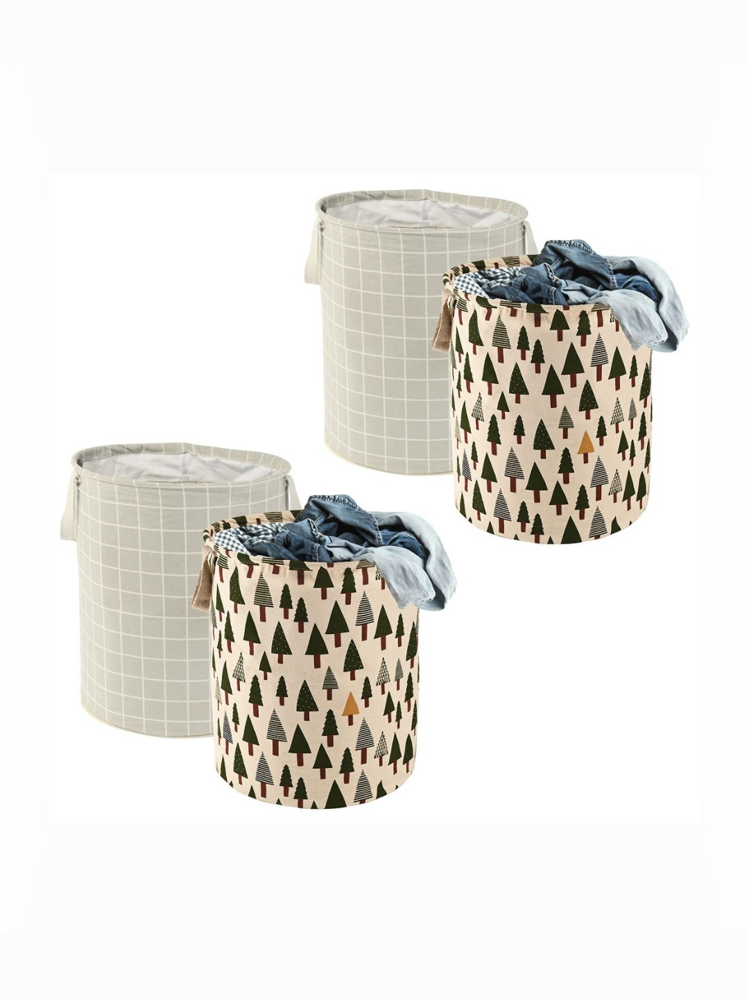 Aura 4Pcs Beige & Green Printed Cotton Foldable & Portable Laundry Bag With Handles - 60 L
