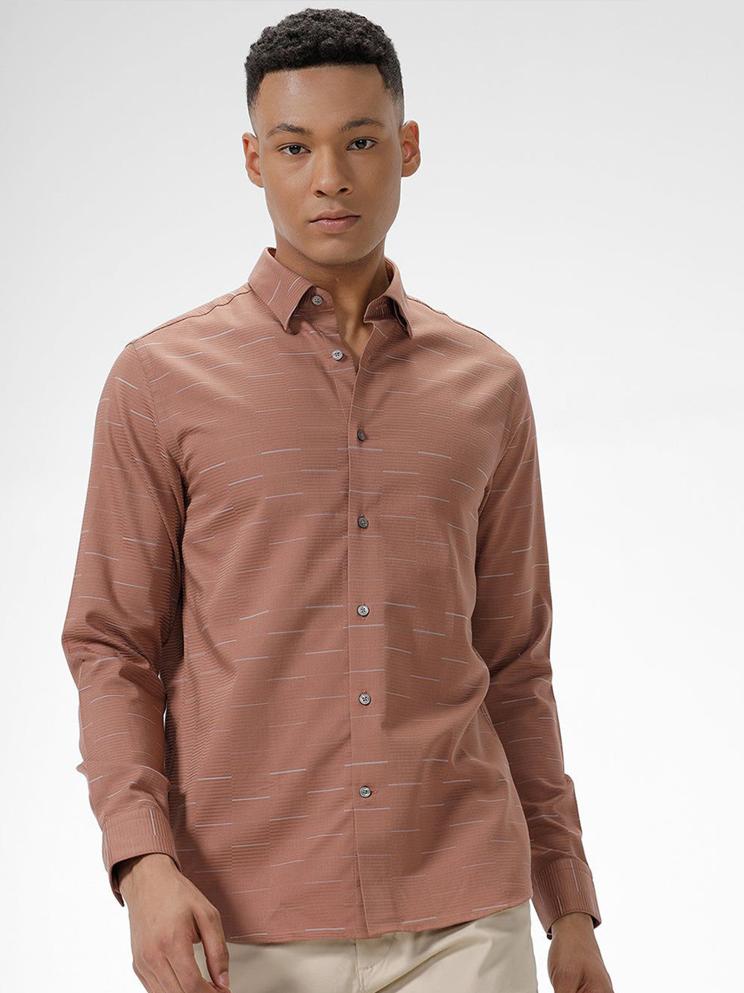 The Collection Horizontal Stripes Spread Collar Classic Slim Fit Cotton Shirt