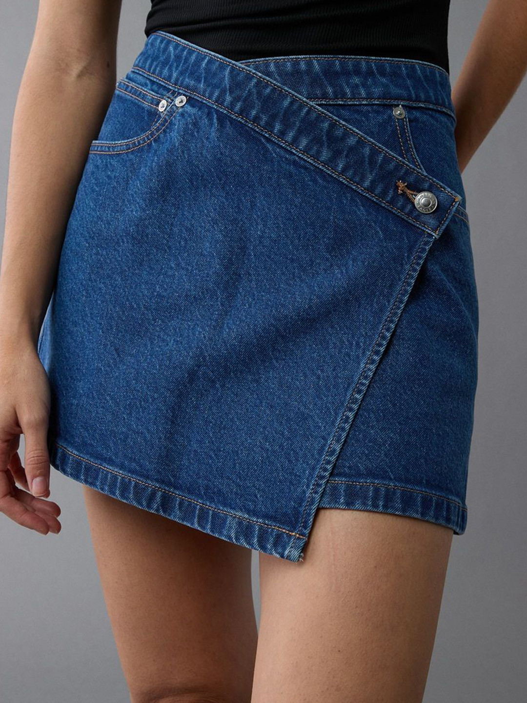 AMERICAN EAGLE OUTFITTERS Stretch Crossover Denim Wrap Mini Skirt