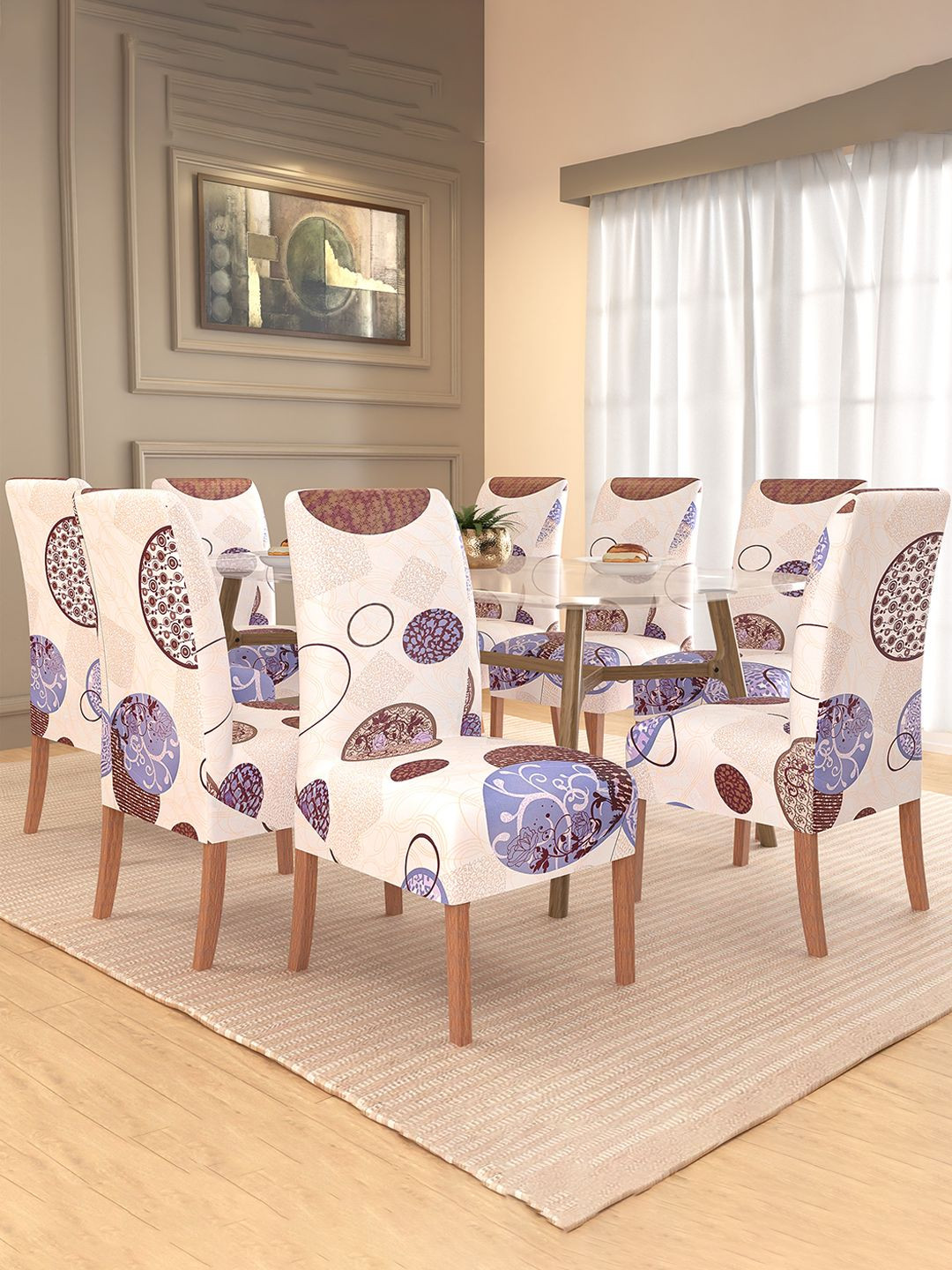 Kuber Industries 8-Pcs Cream-Colored Brown Gola Printed Stretchable Dining Chair Cover