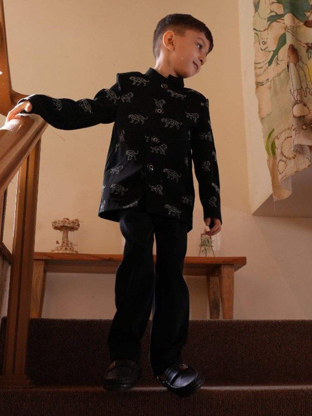 Funny Bones Clothings Boys Embroidered Bandhgala Jodhpuri Blazer With Trousers