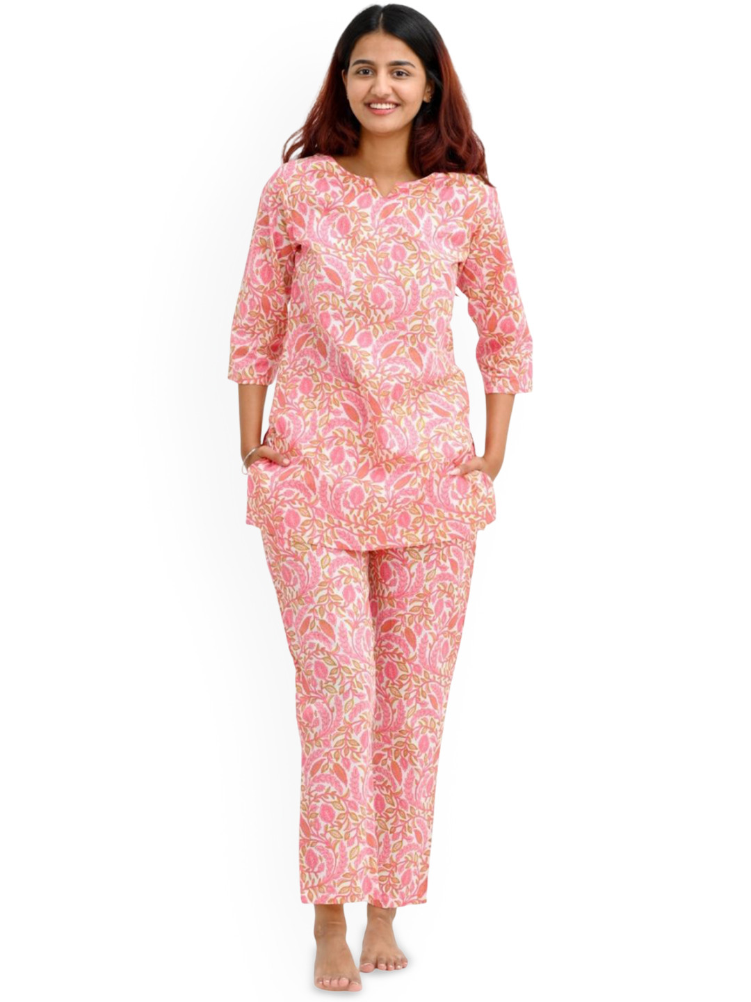 30 Looks Women Flamingo Pink Cotton Printed Kurti & Pyjamas Night suit
