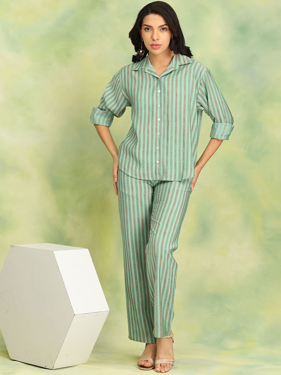 The Woman Store Striped Shirt Collar Shirt With Trousers Co-Ords