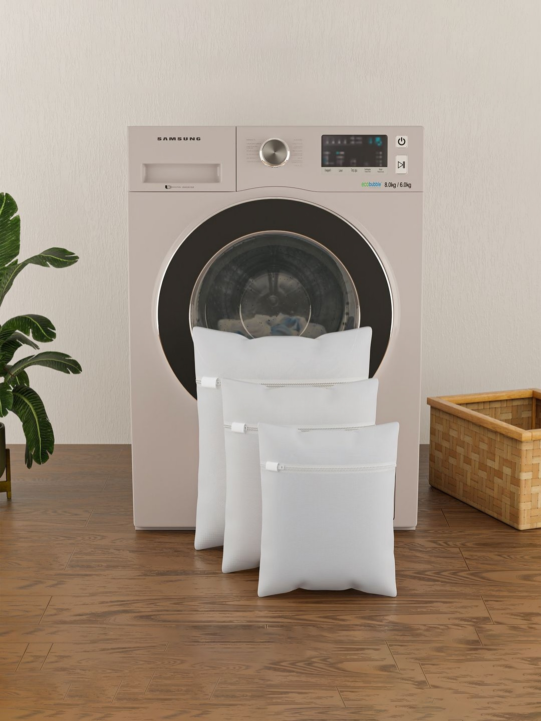 Aura 3Pcs White Reusable Mesh Laundry Bag With Zippers