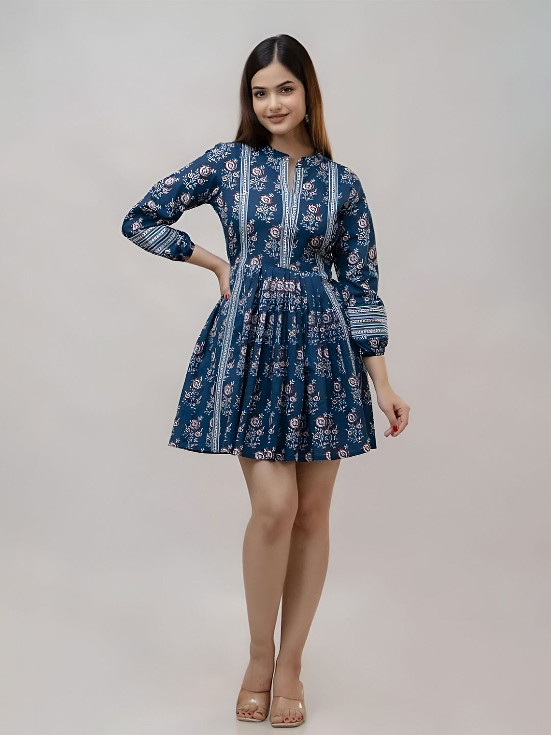 THIRD QUADRANT Women Ethnic Motifs Print Puff Sleeve Fit & Flare Above Knee Dress