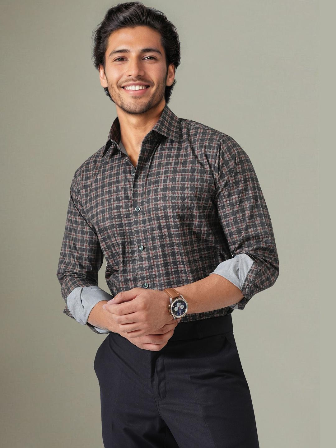 Haute Tissue Charcoal Bourbon Check Business Casual Shirt