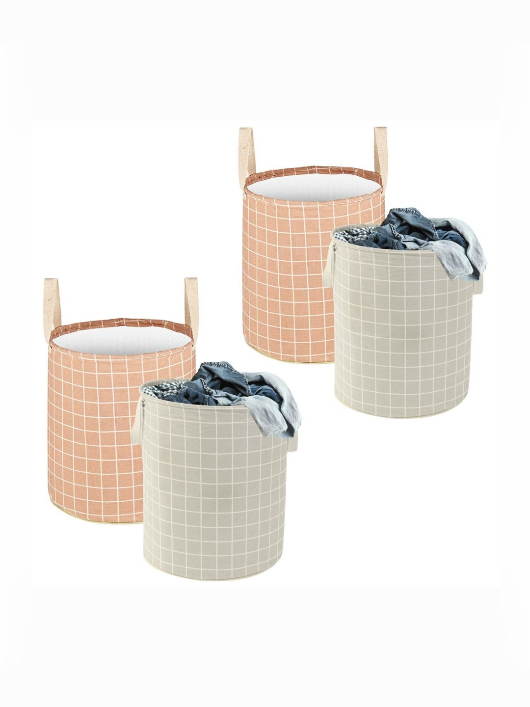 Aura 4Pcs Grey & Brown Checked Cotton Foldable Laundry Bag With Handle - 60 L