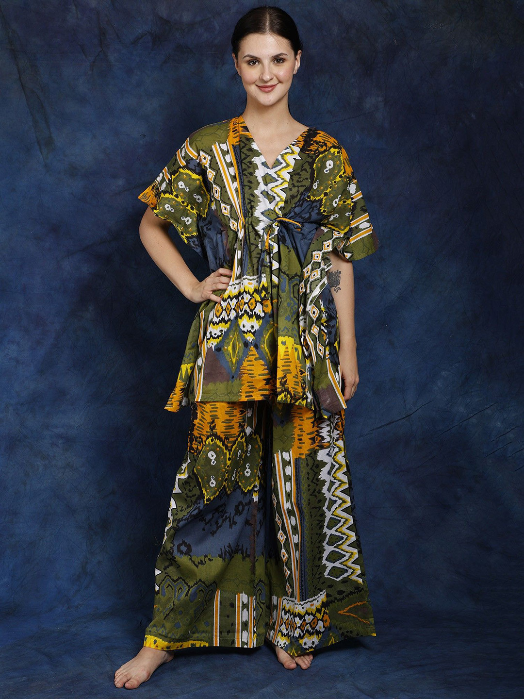 Exotic India Printed Pure Cotton Kaftan Top With Palazzos Co-Ords
