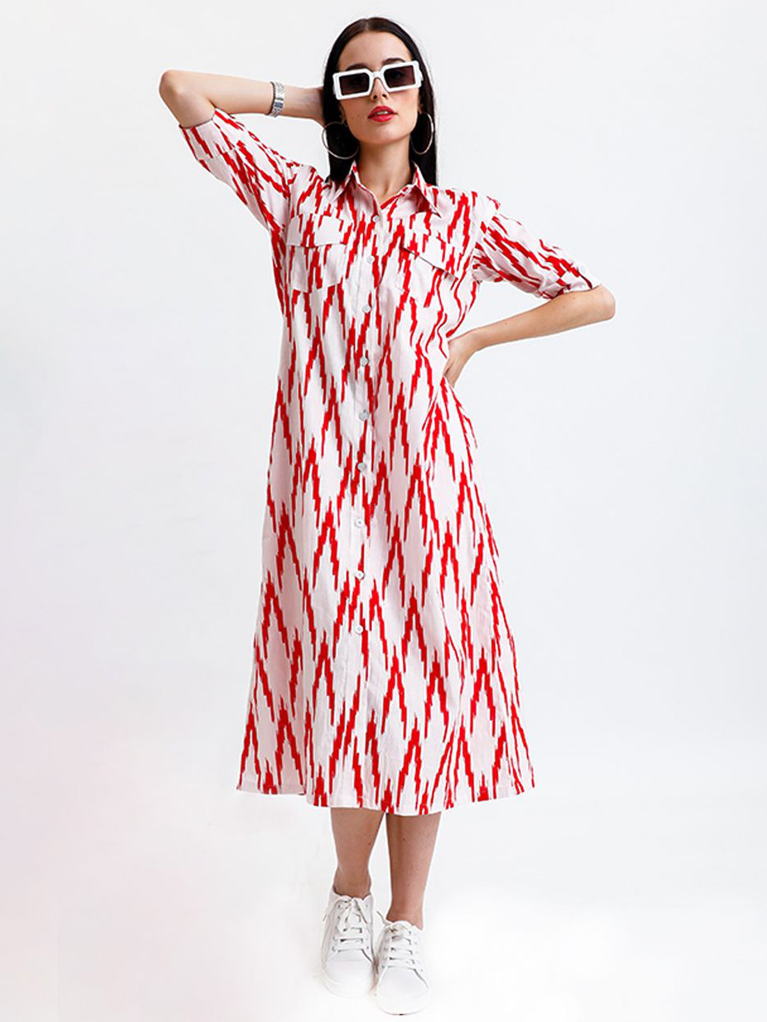Golden Mirror Women Abstract Printed A-Line Midi Dress