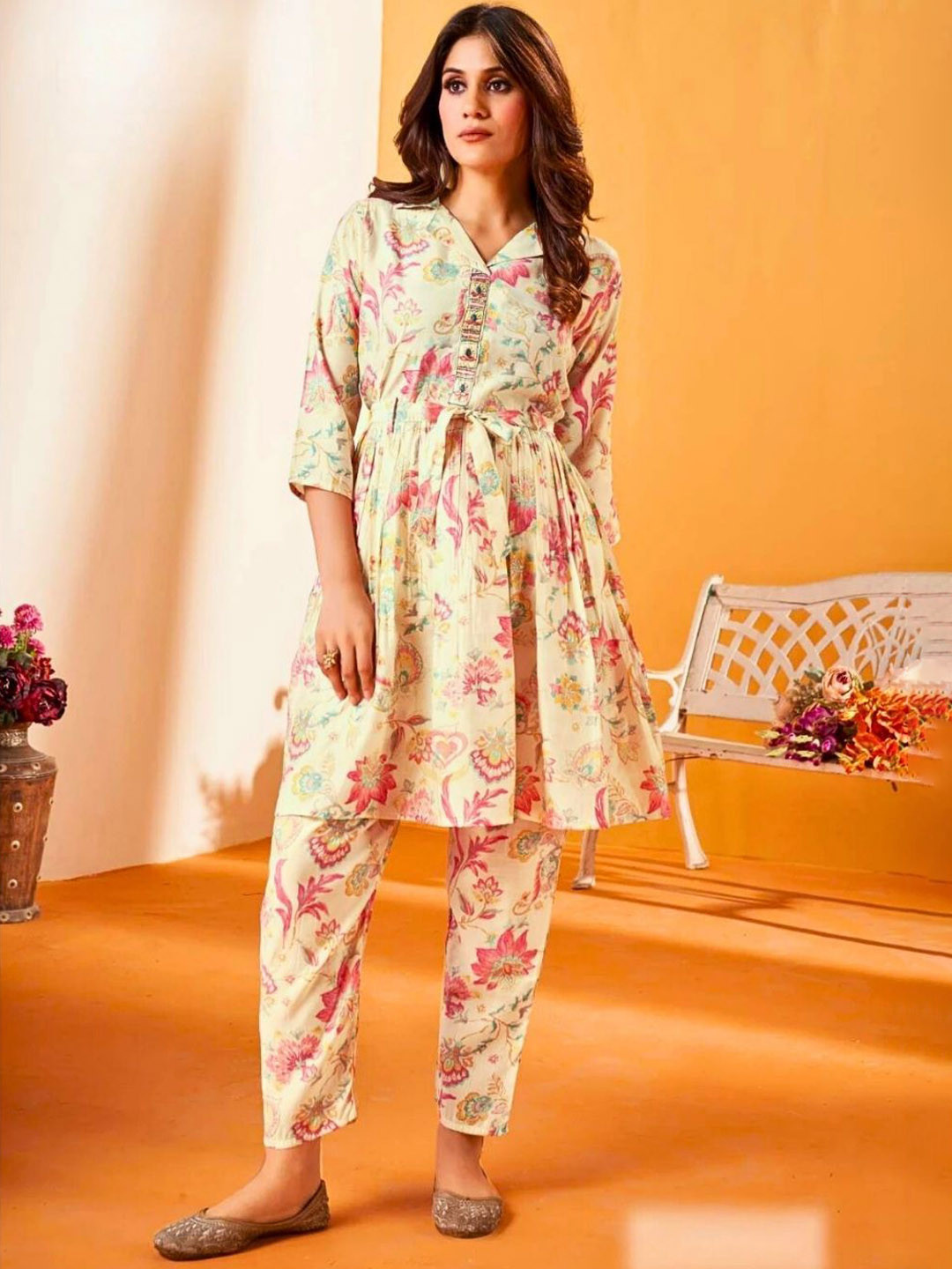 Atha Fashion Printed Vanilla Bloom Shirt Collar Top With Trousers Co-Ords