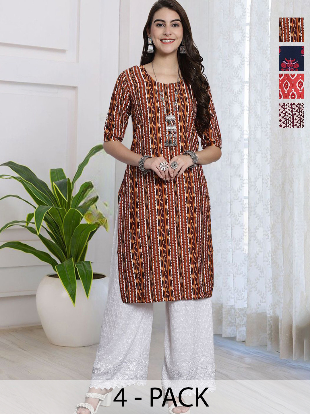 HERE&NOW Selection Of 4 Ethnic Motifs Printed Round Neck Straight Kurtas
