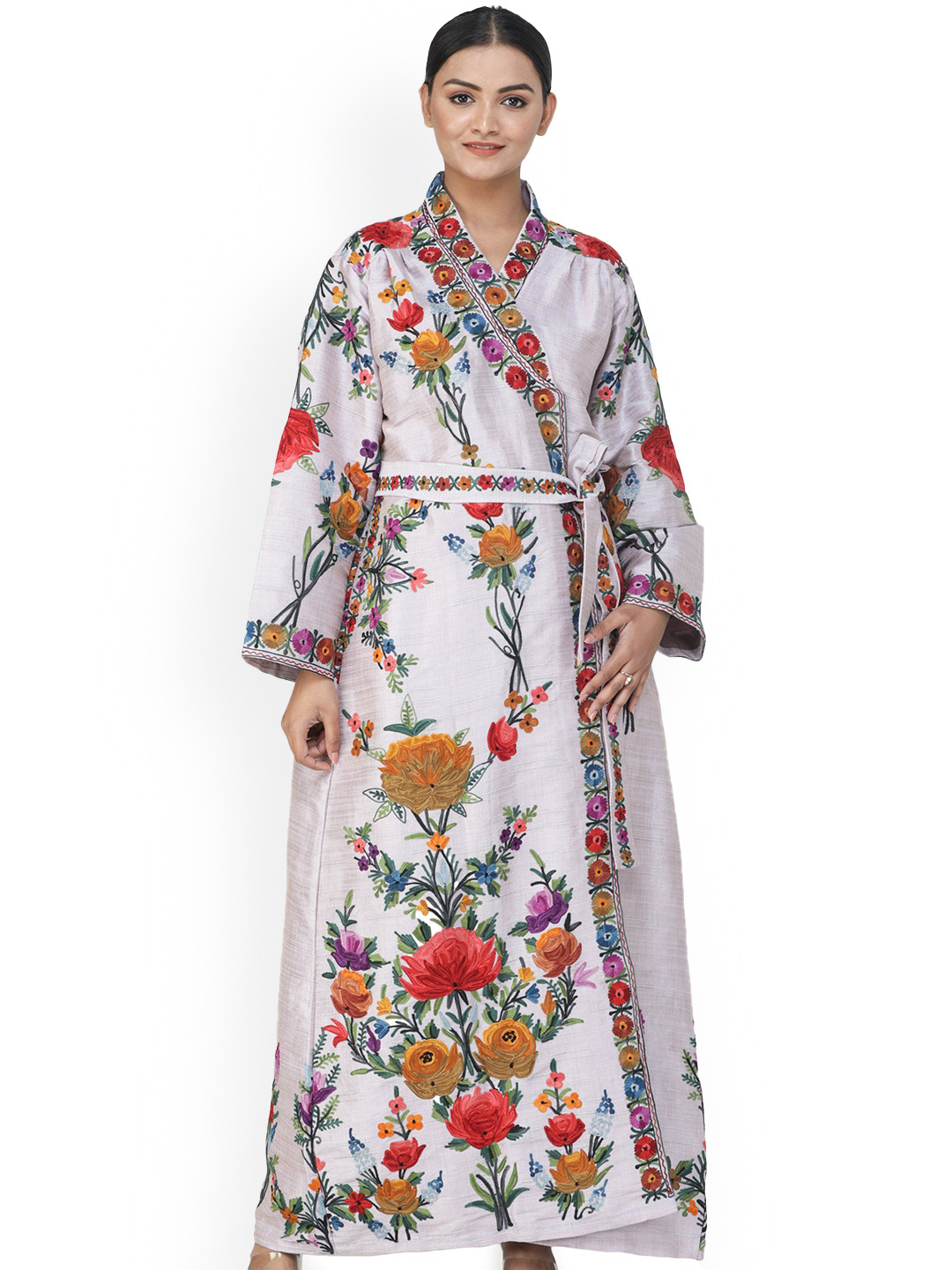 Exotic India Aari Embroidered Multicolored Flowers Kashmiri Robe