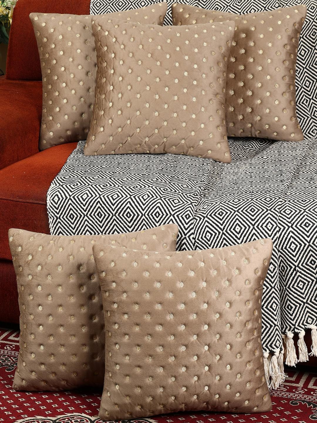 MONKDECOR Brown Polka Dots Polyester Silk Washable 5 Pcs Textured Cushion Covers -16x16In
