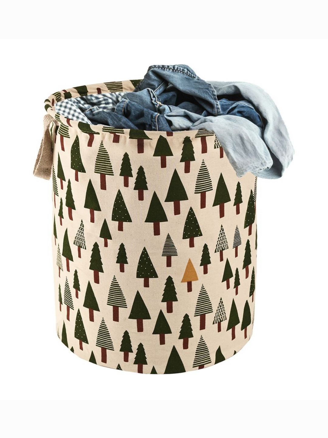 Aura Beige & Green Tree-Printed Foldable Laundry Bag With Handle - 60 L