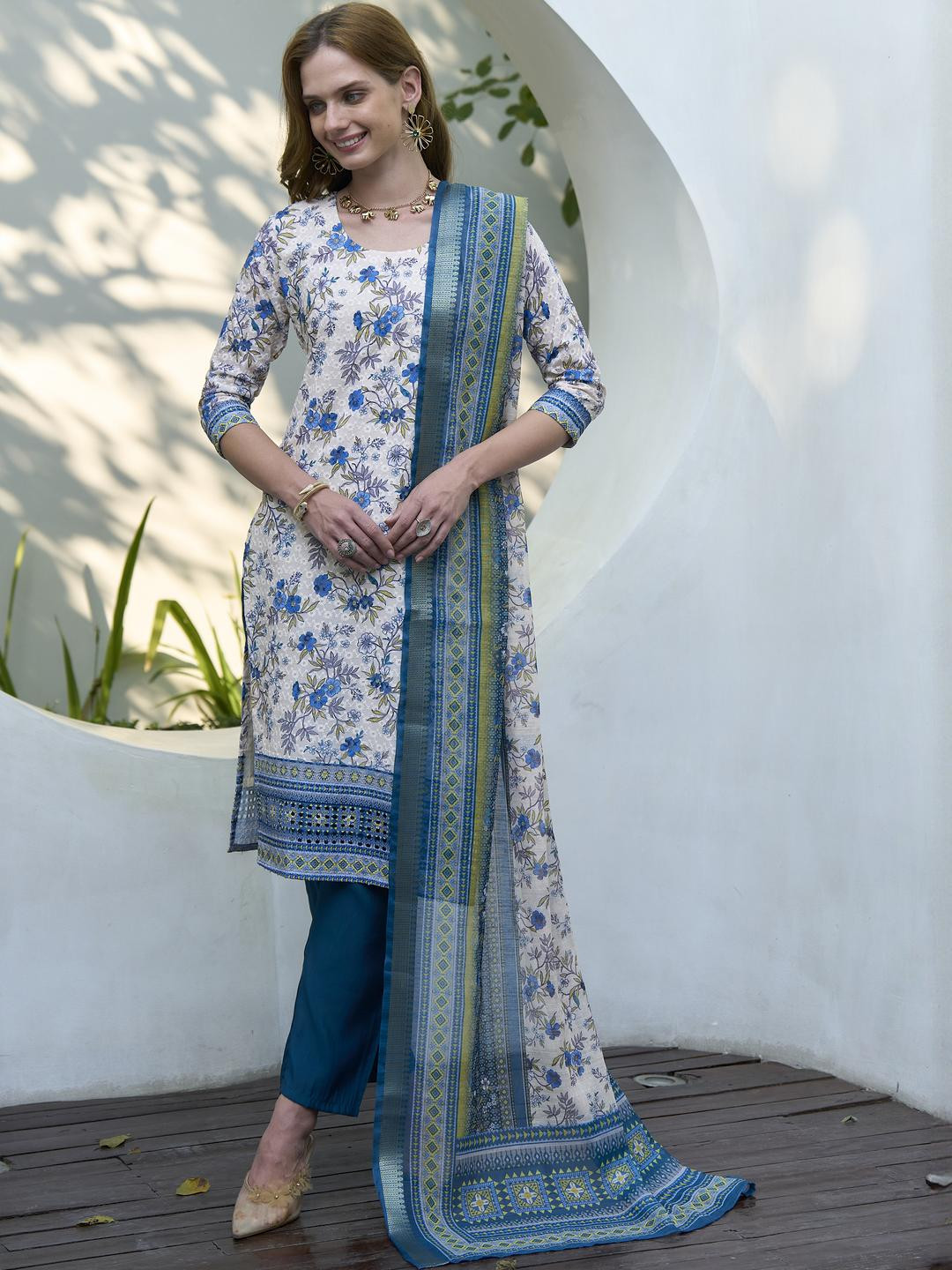 Elegant White Cotton Printed Kurta Set with Linen Dupatta | Summer Ethnic Co-ord Set for Women