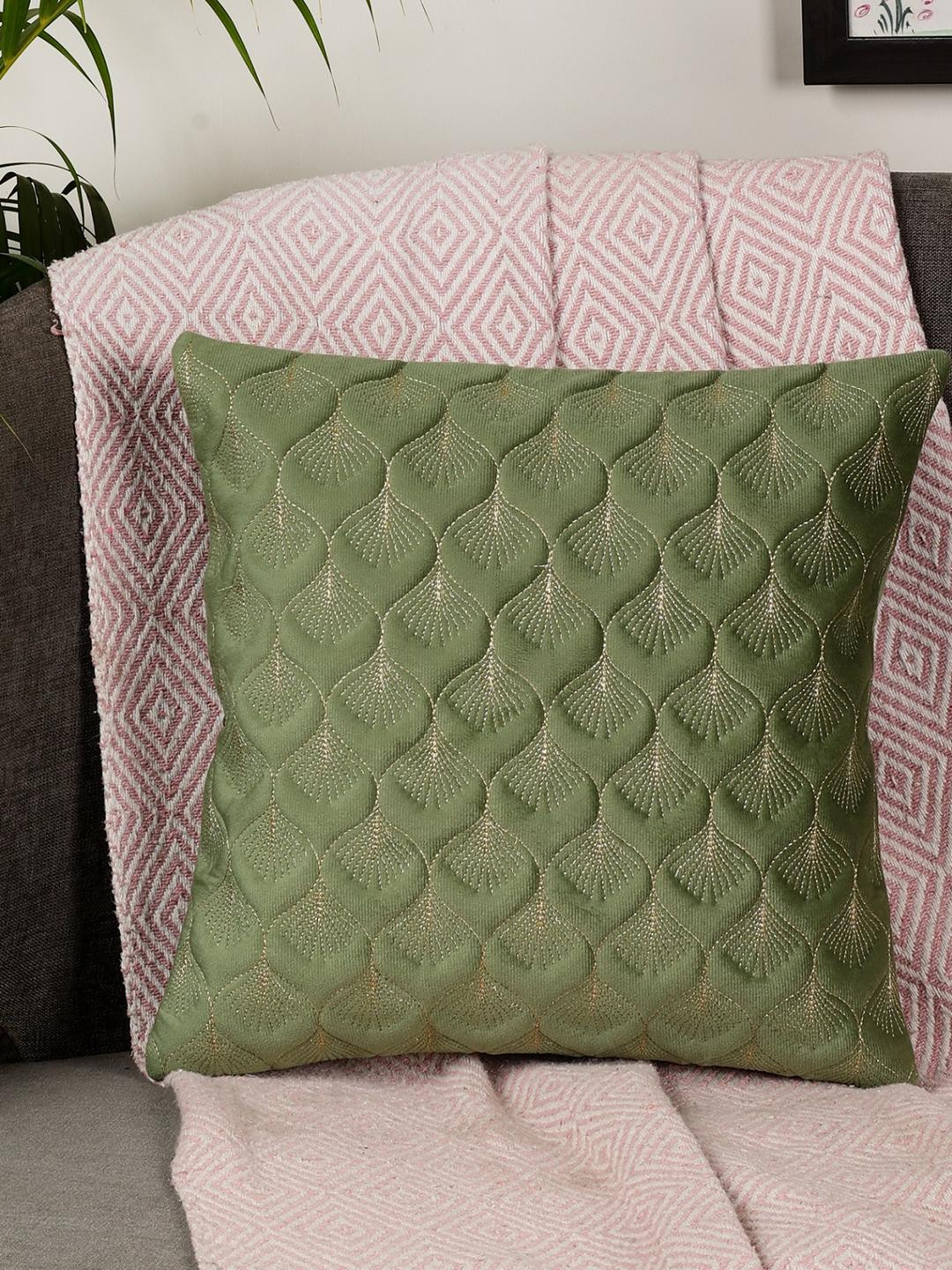 MONKDECOR Feather Desin Floral Velvet Washable 5 Pcs Embroidered Cushion Covers -16x16In