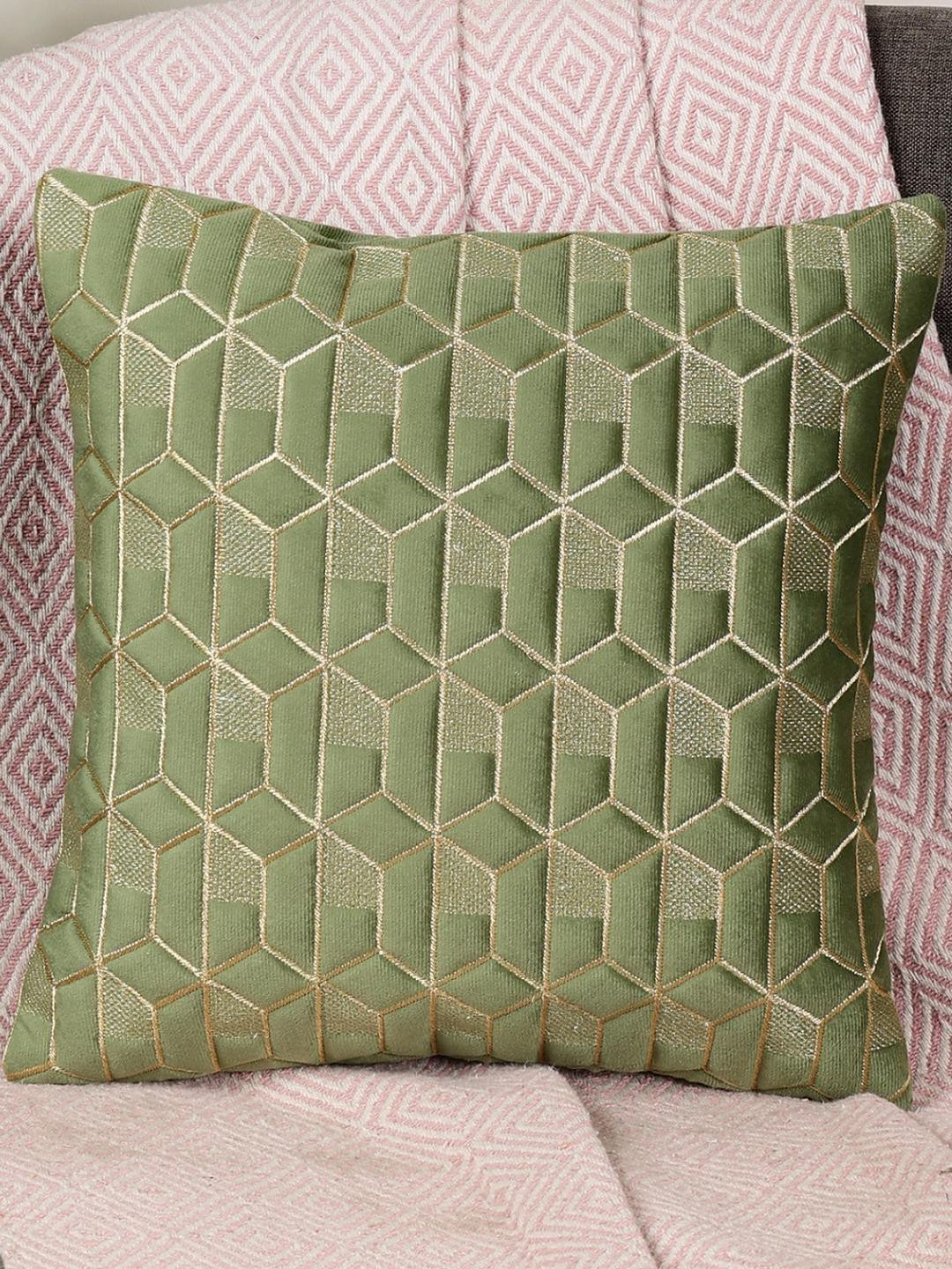 MONKDECOR Hexagon Geometric Velvet Durable Embroidered Square Cushion Covers - 16 x 16 In