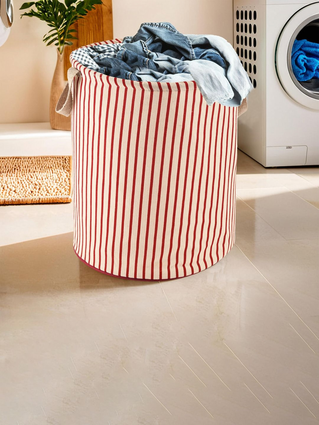 Aura Maroon Striped Cotton Foldable Laundry Bag With Handle - 60L