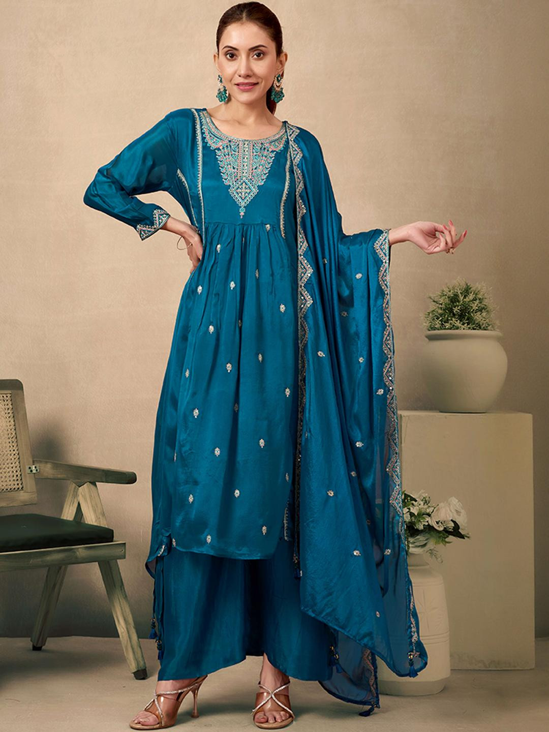 Teal Thread Embroidered Viscose Chinon A-Line Salwar Suit
