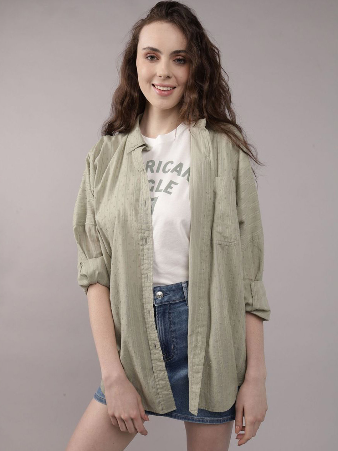 AMERICAN EAGLE OUTFITTERS Women Vertical Stripes  Roll-Up Sleeves Shirt Style Top