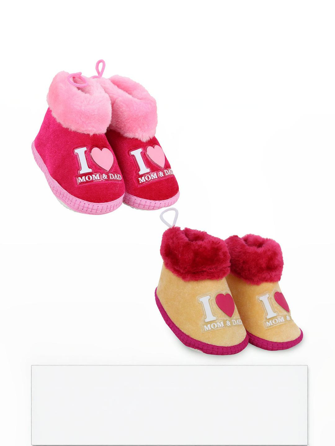 NESKA MODA 6 To 12 Months Set Of 2 Velvet I Love Mom and Dad Print Lace Baby Booties