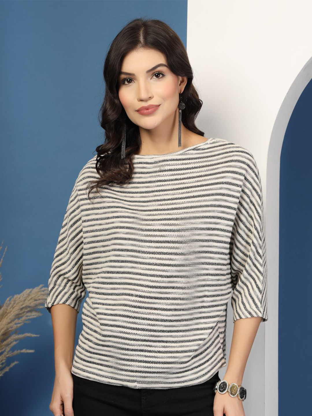 EVERYDAY by ANI Horizontal Striped Boat Neck Styled Back Top