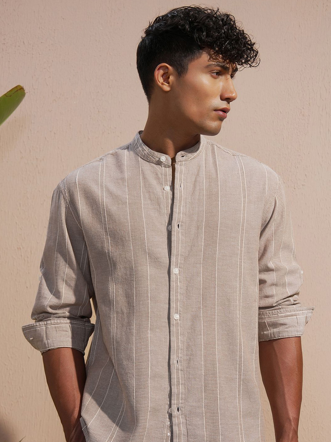 HIGHLANDER Men Relaxed Fit Vertical Striped Band Collar Cotton Casual Shirt