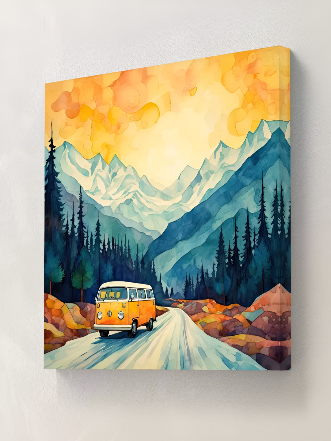 SAF Blue & Orange Colored Retro Van In Mountain Printed Canvas Wall Art