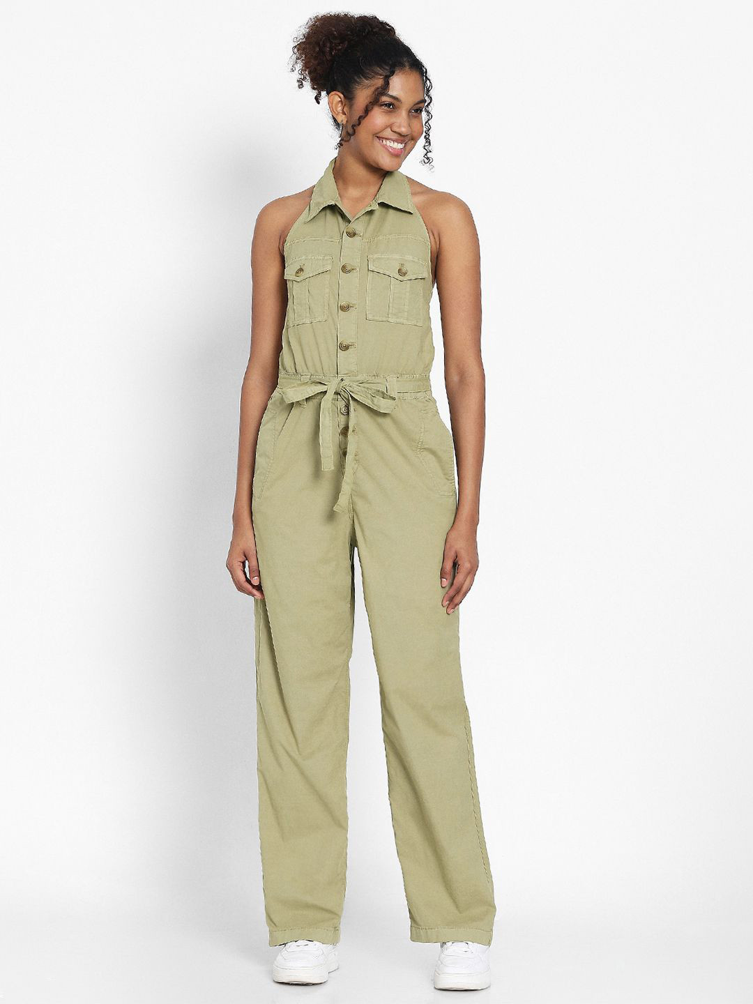 AMERICAN EAGLE OUTFITTERS Women Halter Neck Sleeveless Cotton Basic Jumpsuit